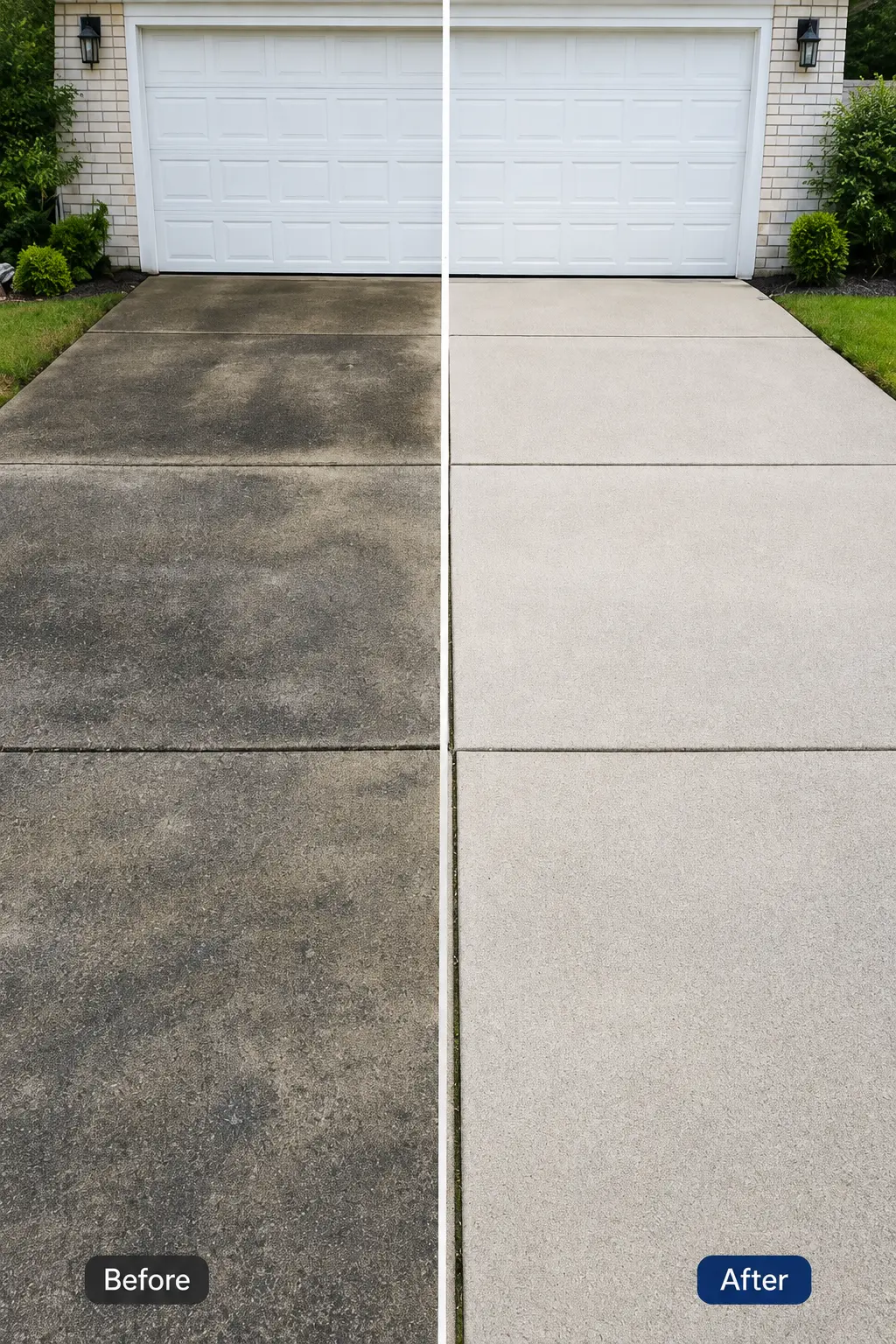 Driveway concrete cleaned to an even light grey finish