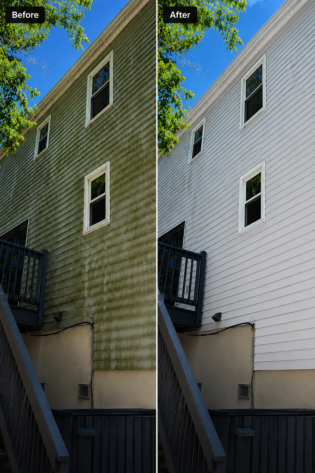 Two-story siding before and after a soft wash