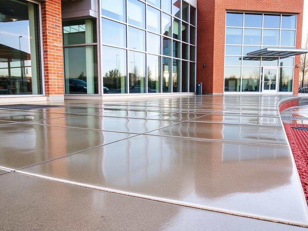 Freshly washed concrete walkway outside a commercial building