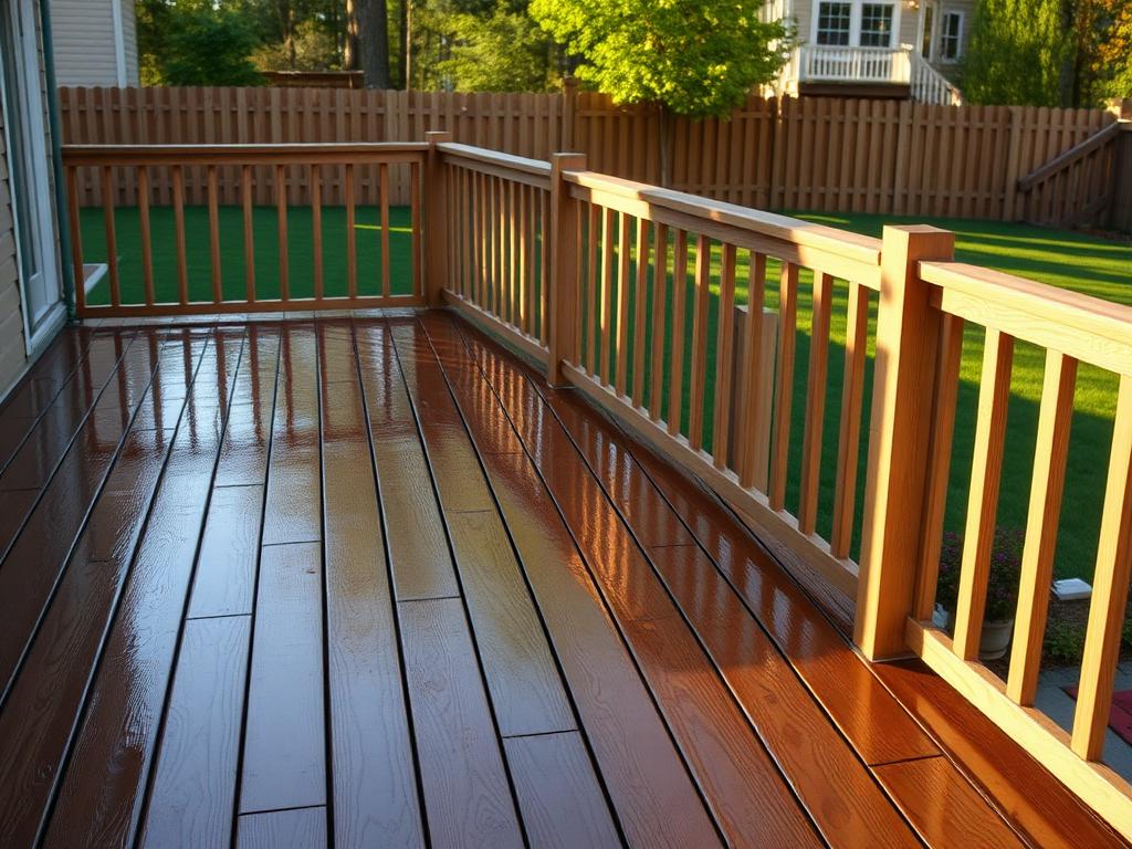 Clean wooden backyard deck with railing