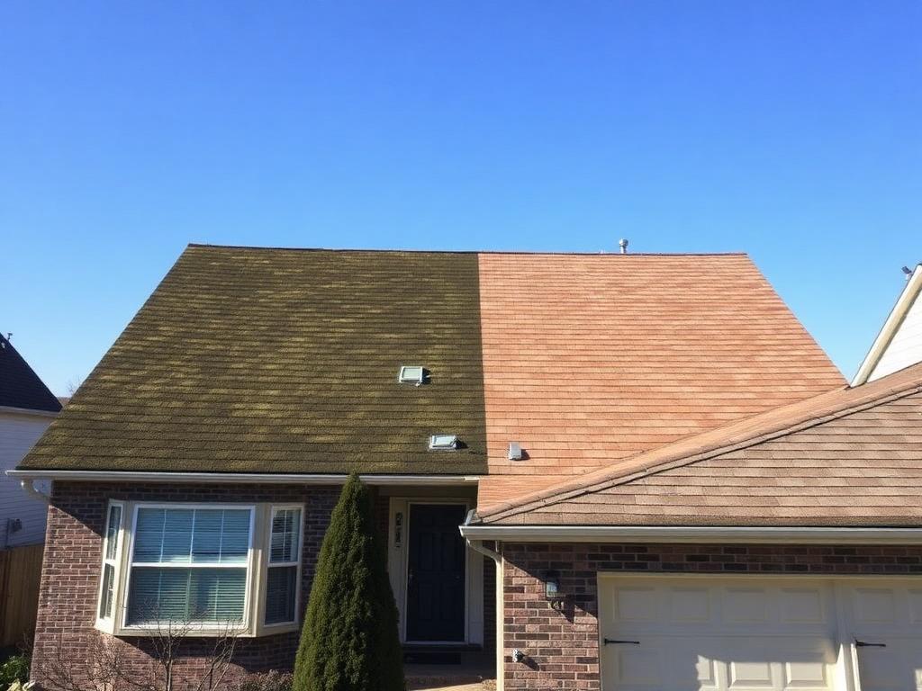 Roof shingles with algae staining cleared from one section